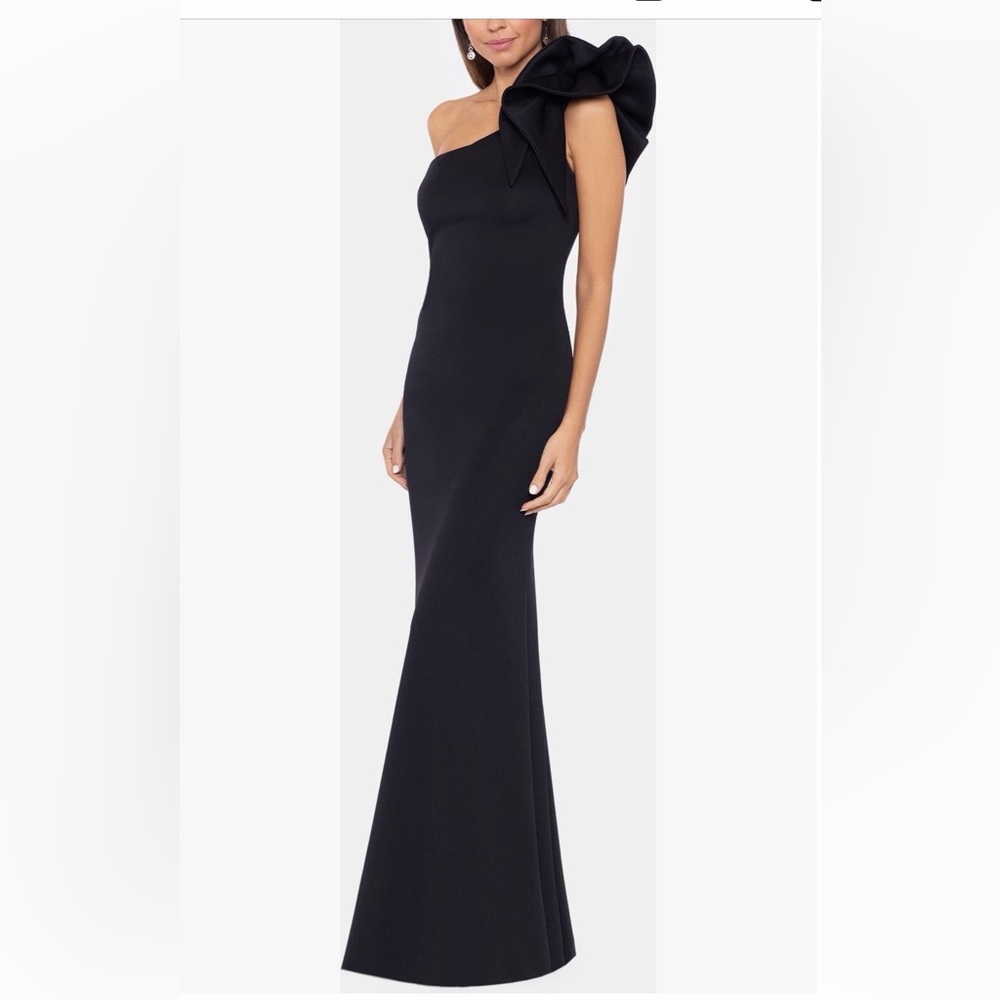 Betsy & Adam Ruffle One Shoulder Trumpet Gown
